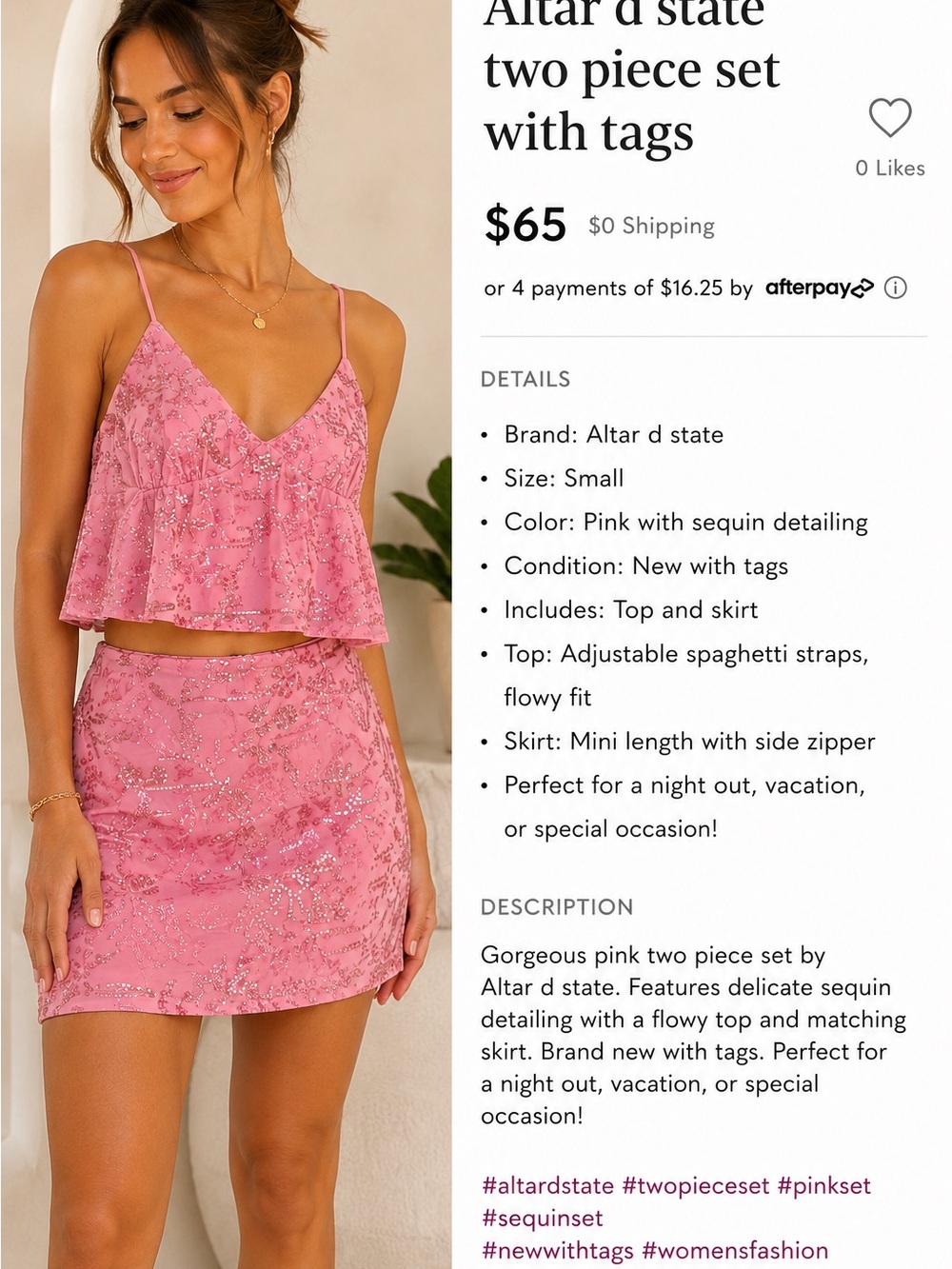 Altar'd State Pink Sequin Two-Piece Set — Spaghetti Strap Top & Mini Skirt